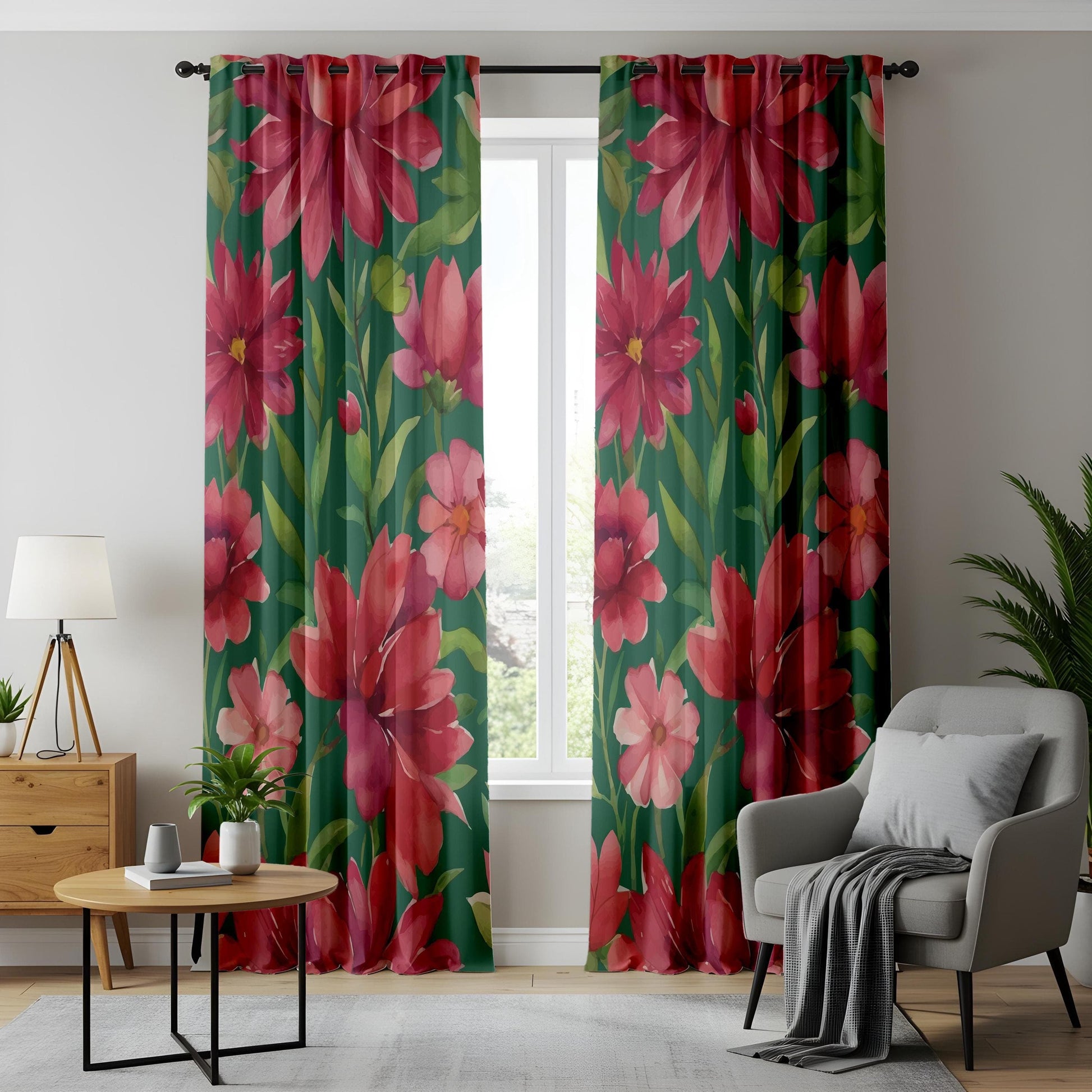 Onay Tropical Red Floral Living Room Curtains, Jungle Inspired Botanical Drapes