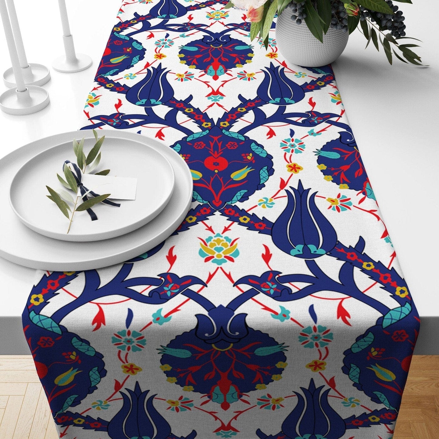 Onay 4 / 12 x 46 inch (30 x 120 cm) Tulip Motif Turkish Ethnic Tile Patterned Table Runner