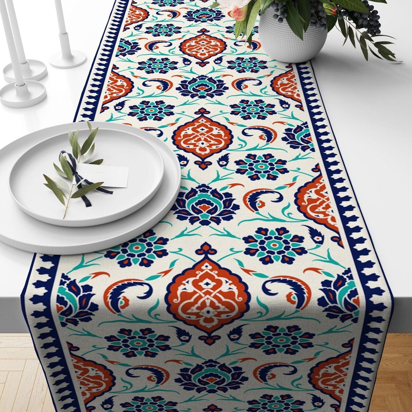 Onay 3 / 12 x 46 inch (30 x 120 cm) Tulip Motif Turkish Ethnic Tile Patterned Table Runner