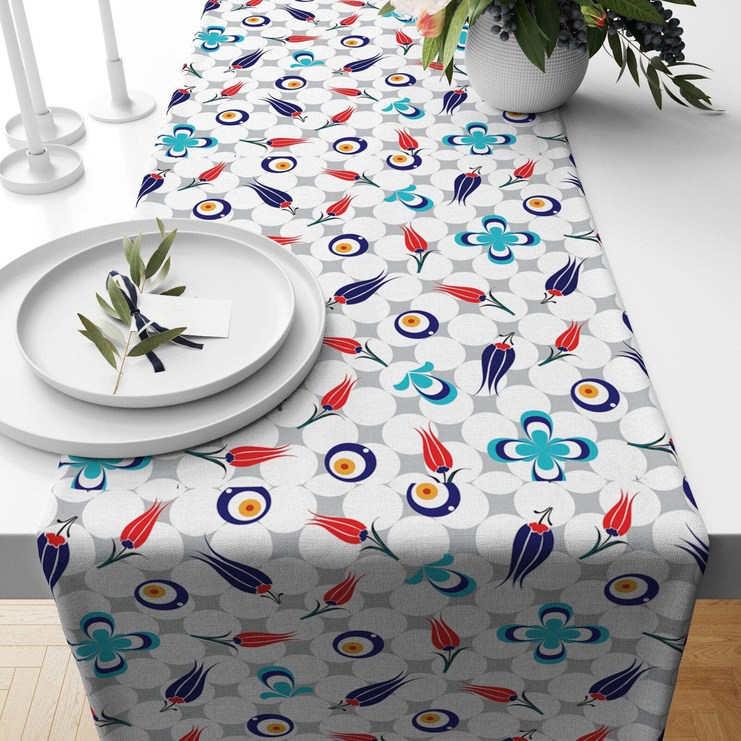Onay 2 / 12 x 46 inch (30 x 120 cm) Tulip Motif Turkish Ethnic Tile Patterned Table Runner
