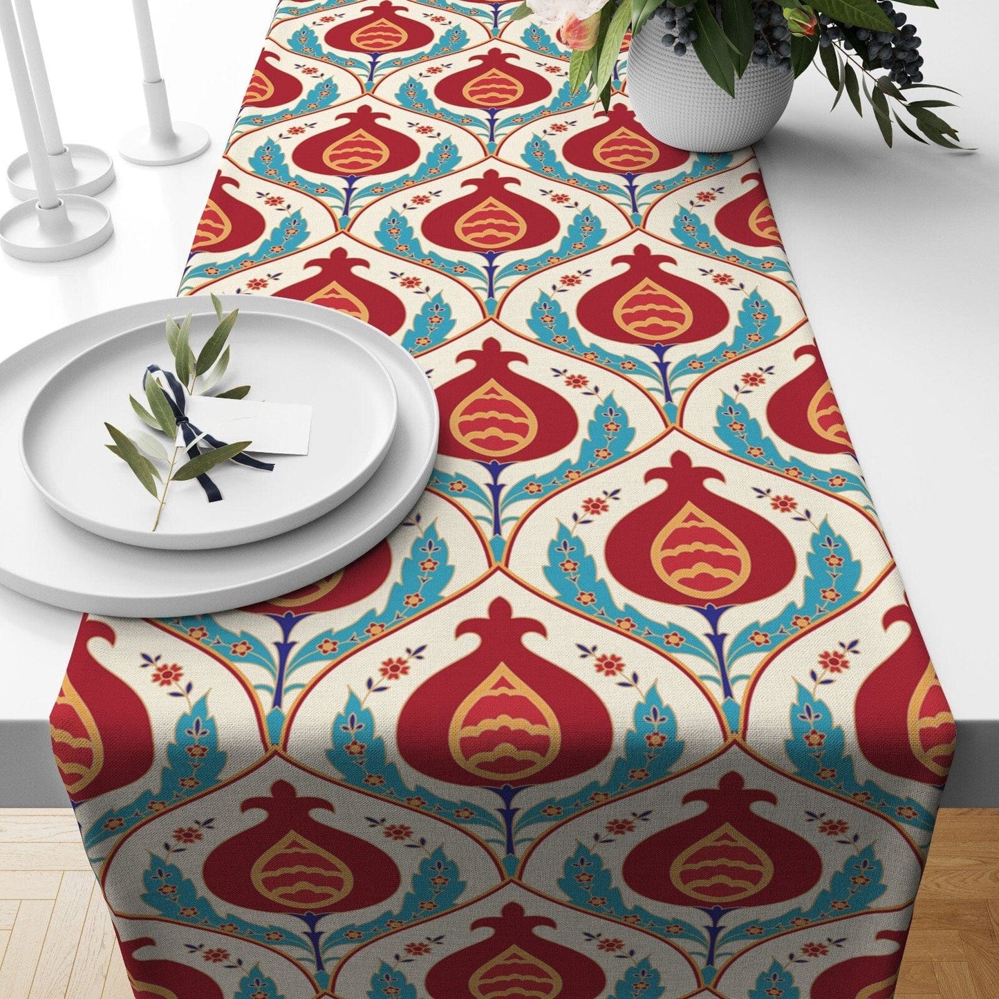 Onay 1 / 12 x 46 inch (30 x 120 cm) Tulip Motif Turkish Ethnic Tile Patterned Table Runner
