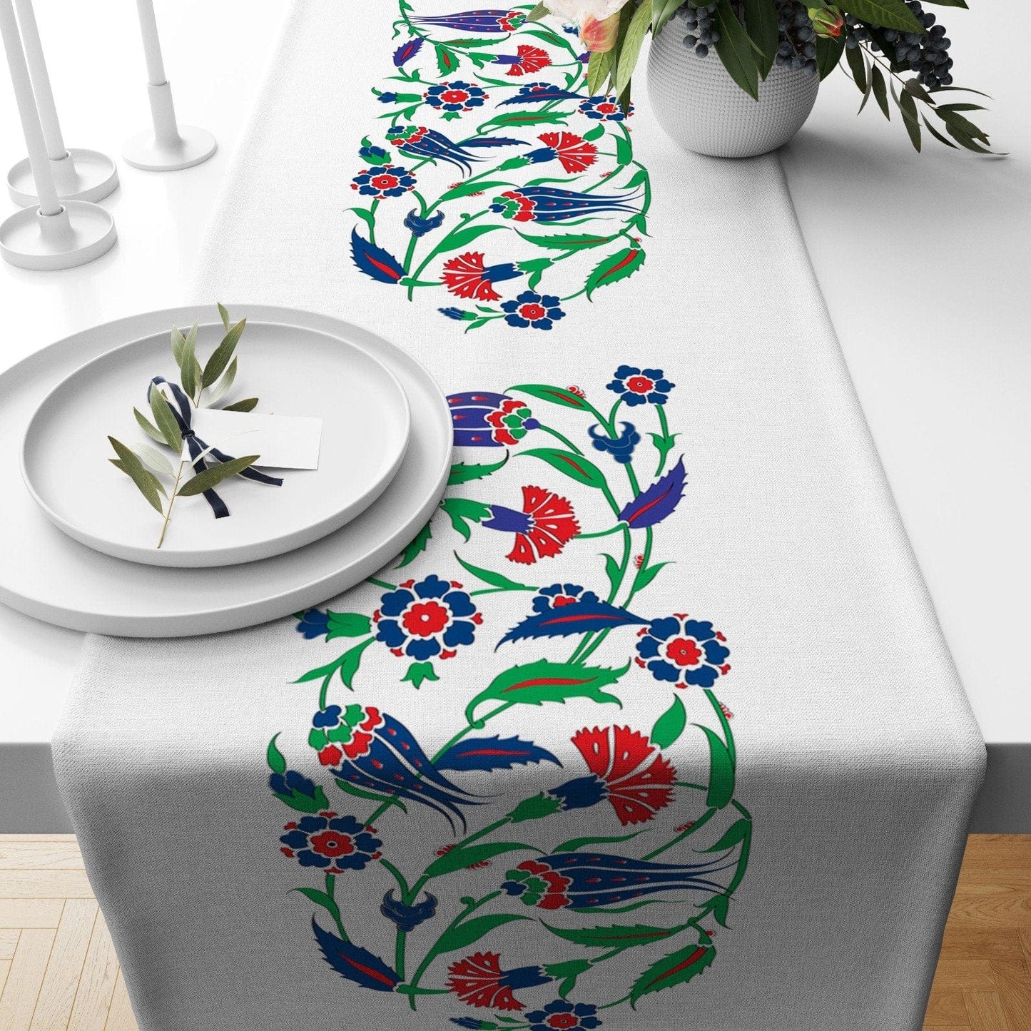 Onay 4 / 12 x 46 inch (30 x 120 cm) Tulip Pattern Turkish Tile Design Ethnic Table Runner