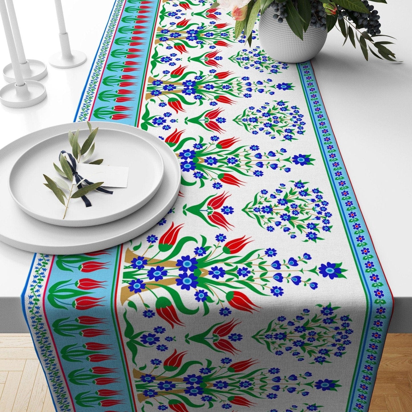 Onay 2 / 12 x 46 inch (30 x 120 cm) Tulip Pattern Turkish Tile Design Ethnic Table Runner