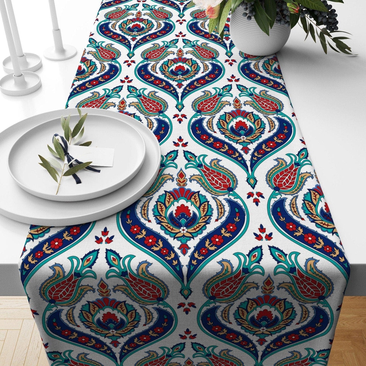 Onay 4 / 12 x 46 inch (30 x 120 cm) Tulip Tile Design Turkish Style Kitchen Table Runner