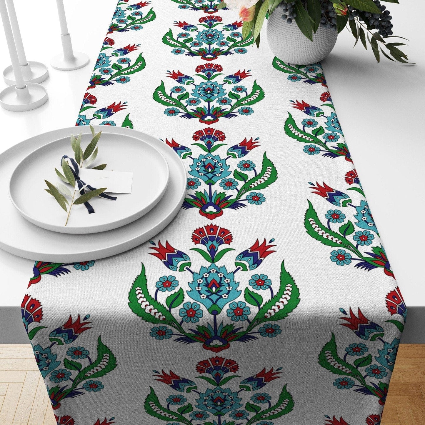 Onay 3 / 12 x 46 inch (30 x 120 cm) Tulip Tile Design Turkish Style Kitchen Table Runner