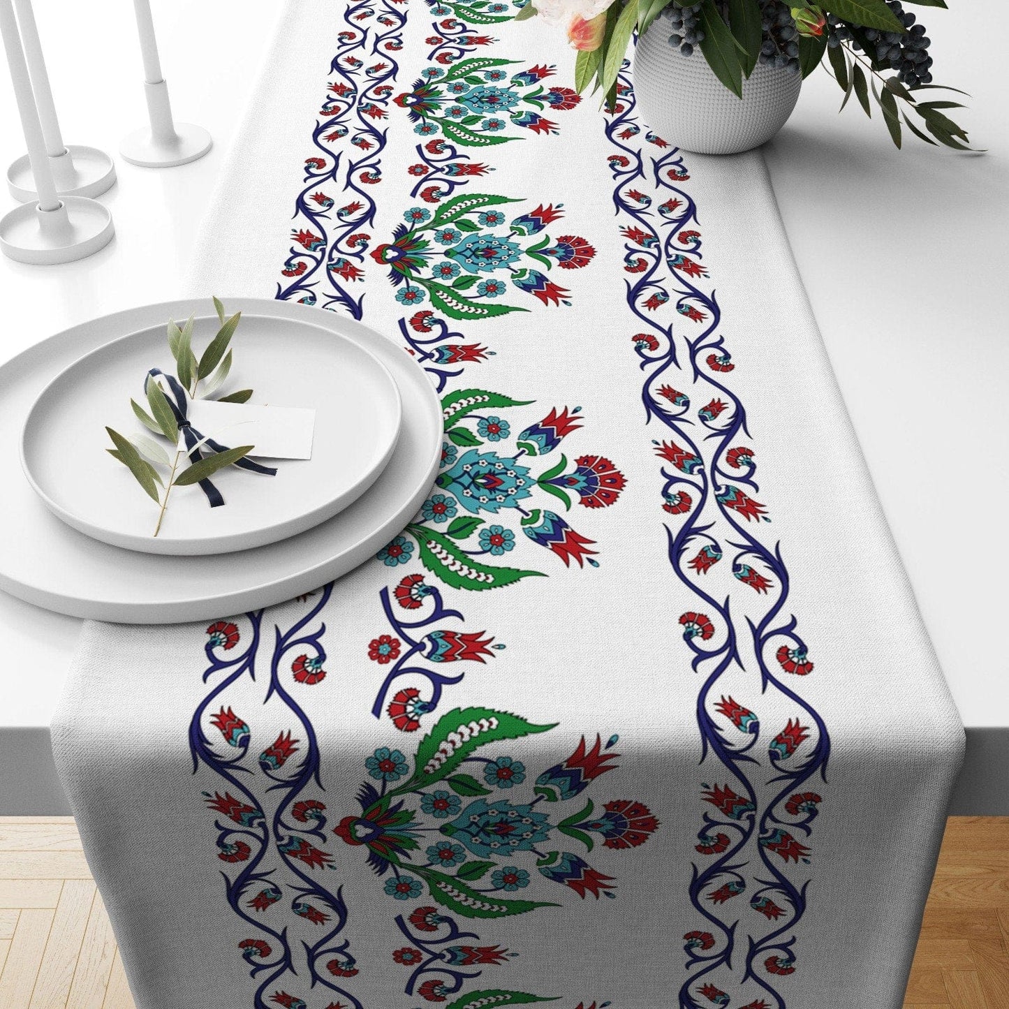 Onay 2 / 12 x 46 inch (30 x 120 cm) Tulip Tile Design Turkish Style Kitchen Table Runner