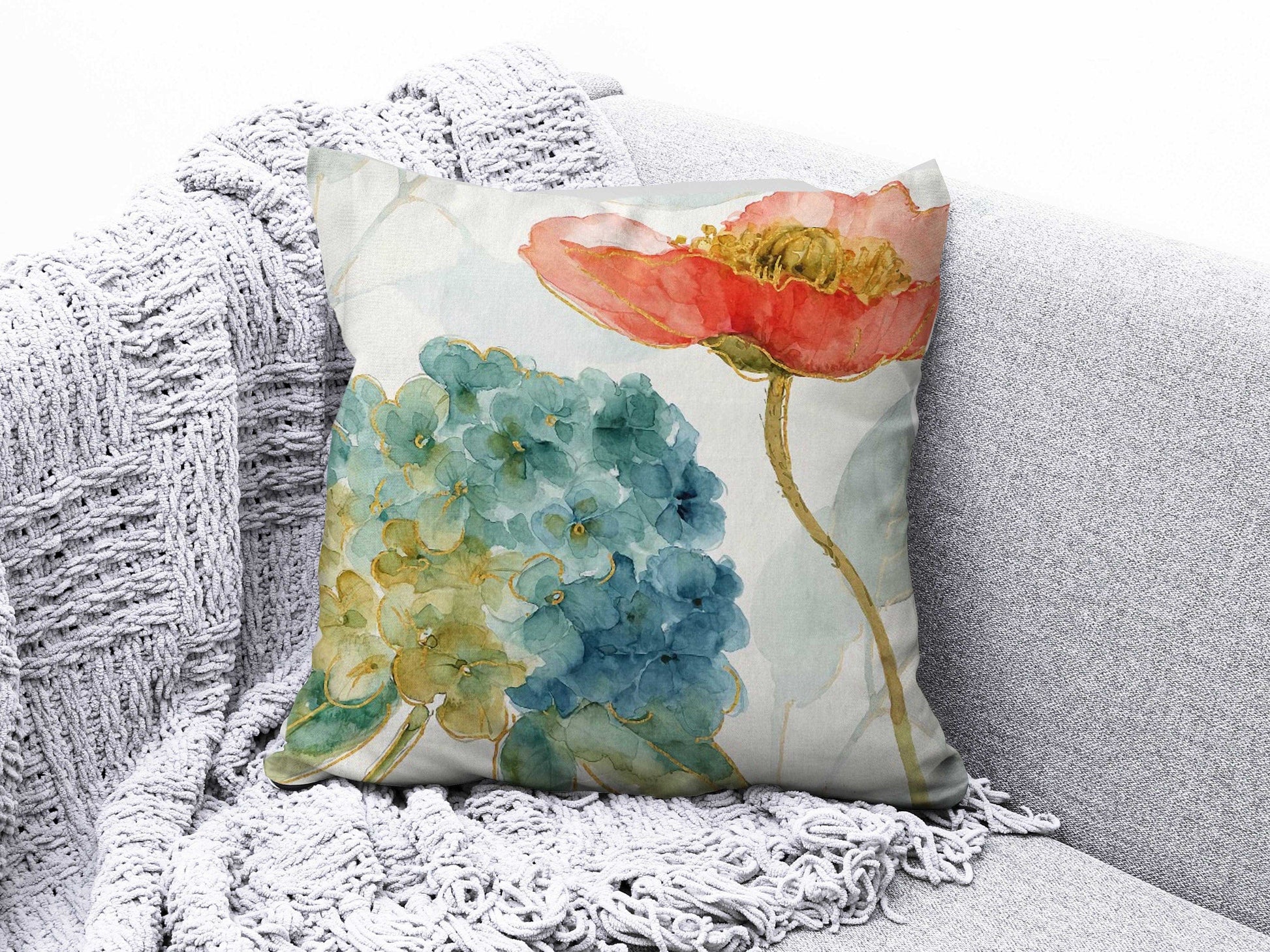 Onay 4 / 12 x 12 inch (30 x 30 cm) Turquoise Orange Flowers Floral Summer Trend Cushion Cover