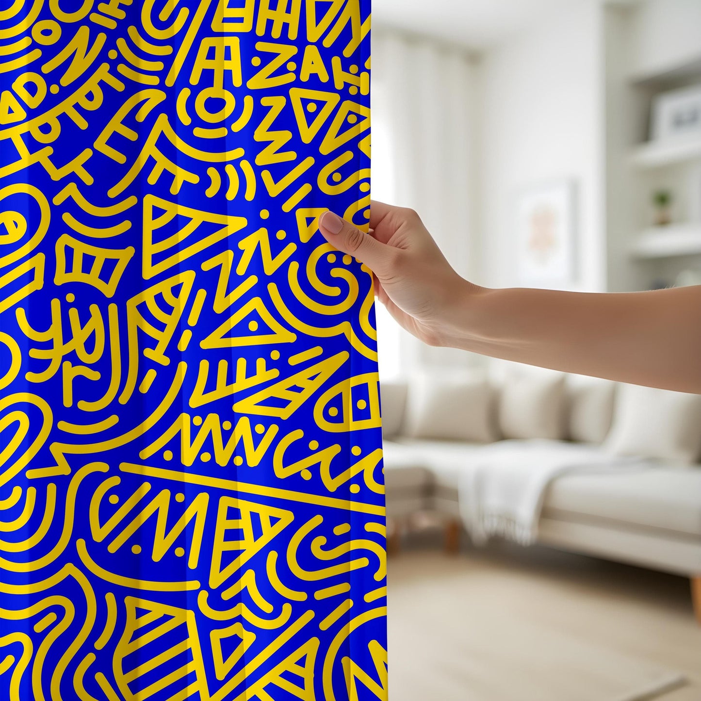 Onay Urban Graffiti Art Curtains – Blue & Yellow Street Style Drapes