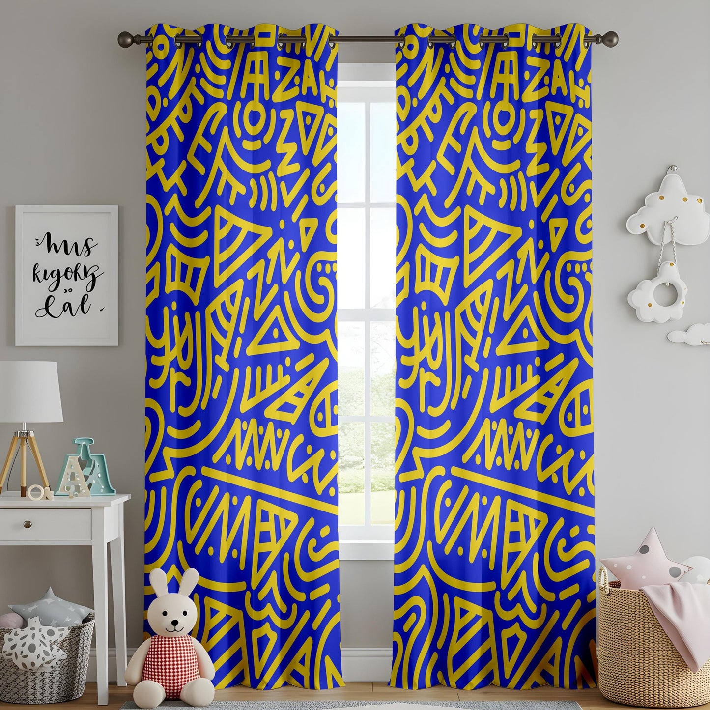Onay Urban Graffiti Art Curtains – Blue & Yellow Street Style Drapes