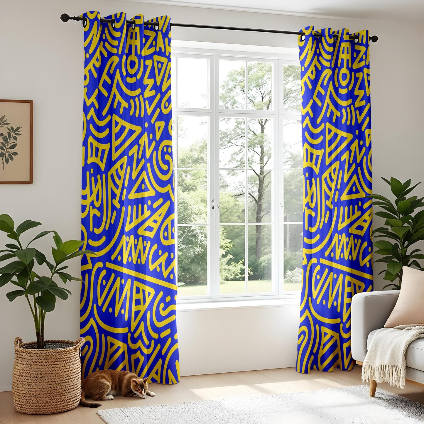 Onay Urban Graffiti Art Curtains – Blue & Yellow Street Style Drapes