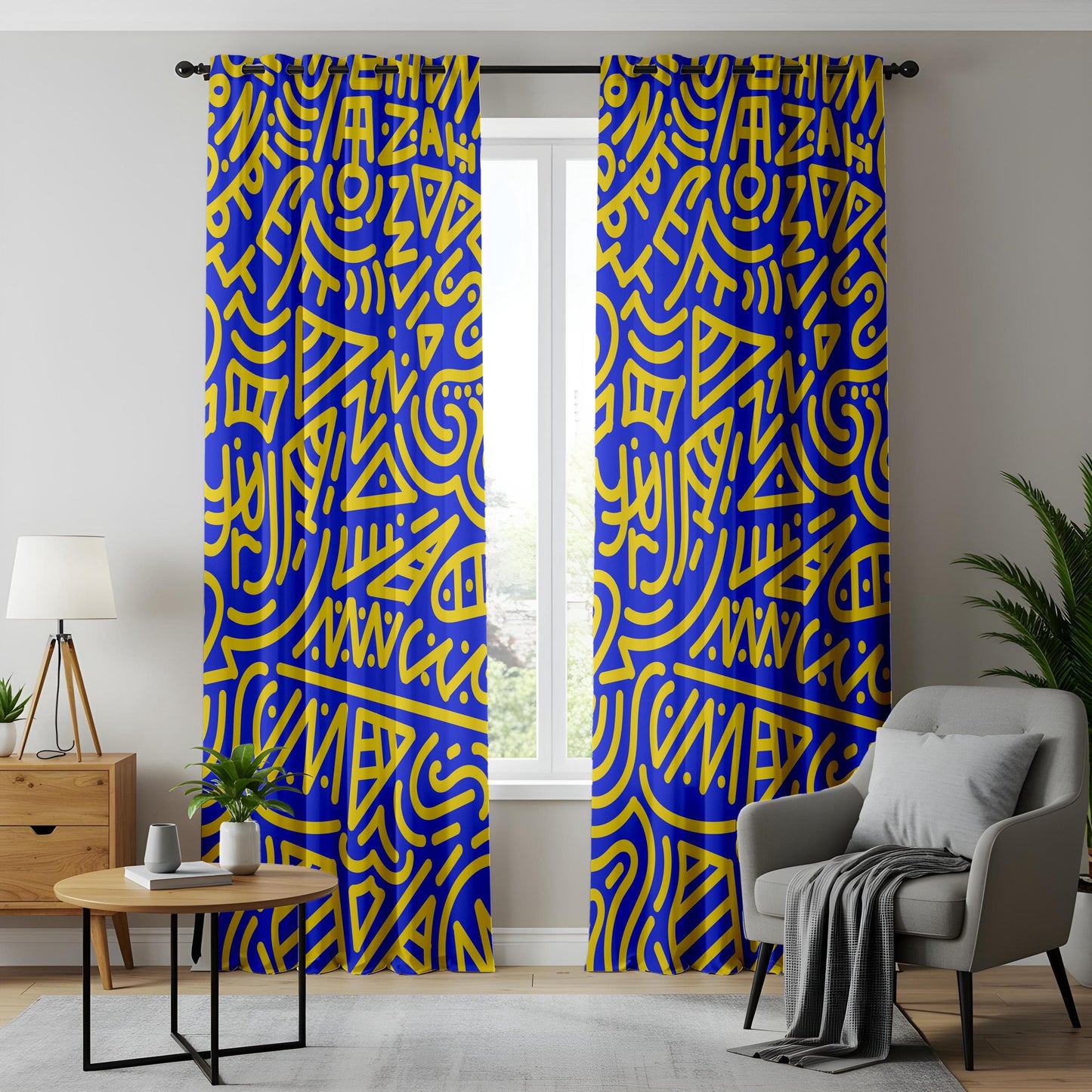 Onay Urban Graffiti Art Curtains – Blue & Yellow Street Style Drapes