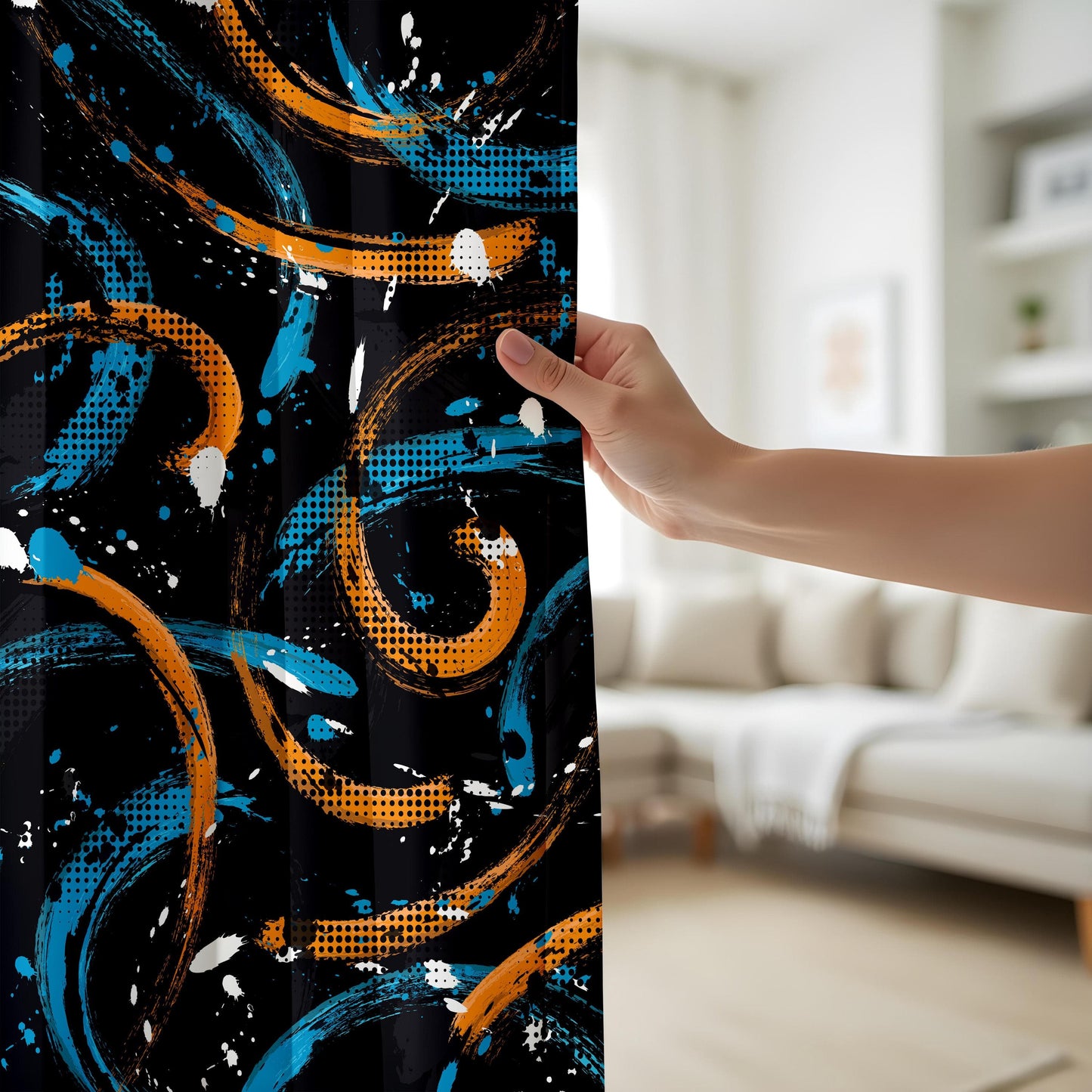 Onay Urban Graffiti Curtains – Black & Gold Brushstroke Art Drapes