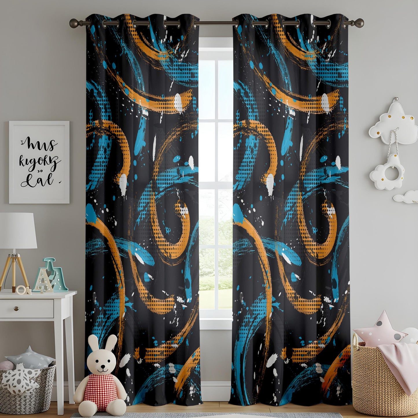 Onay Urban Graffiti Curtains – Black & Gold Brushstroke Art Drapes