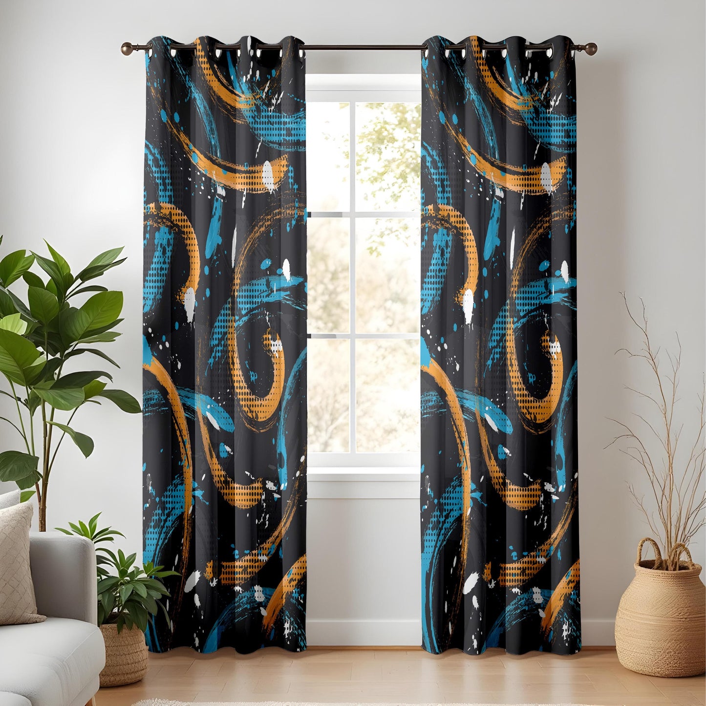 Onay Urban Graffiti Curtains – Black & Gold Brushstroke Art Drapes