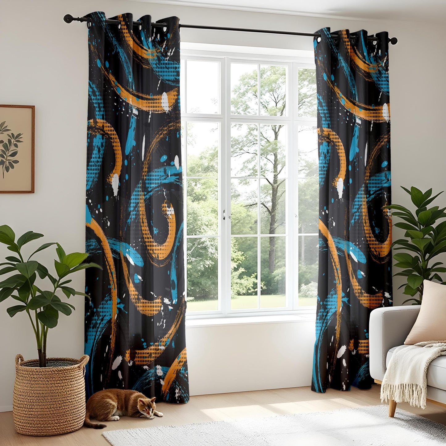 Onay Urban Graffiti Curtains – Black & Gold Brushstroke Art Drapes