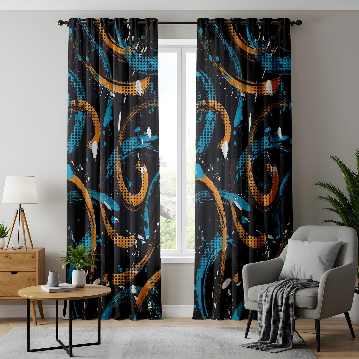 Onay Urban Graffiti Curtains – Black & Gold Brushstroke Art Drapes