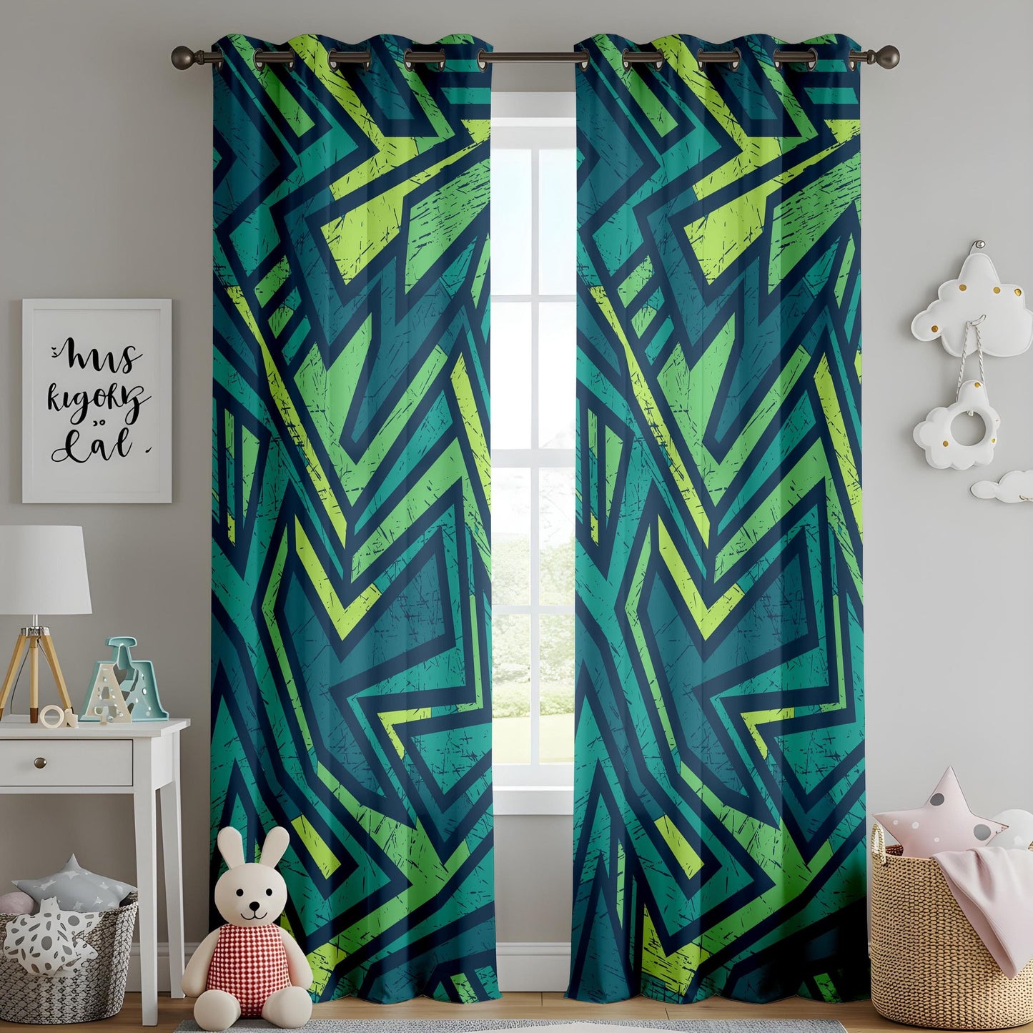 Onay Urban Graffiti Curtains – Neon Geometric Street Art Drapes