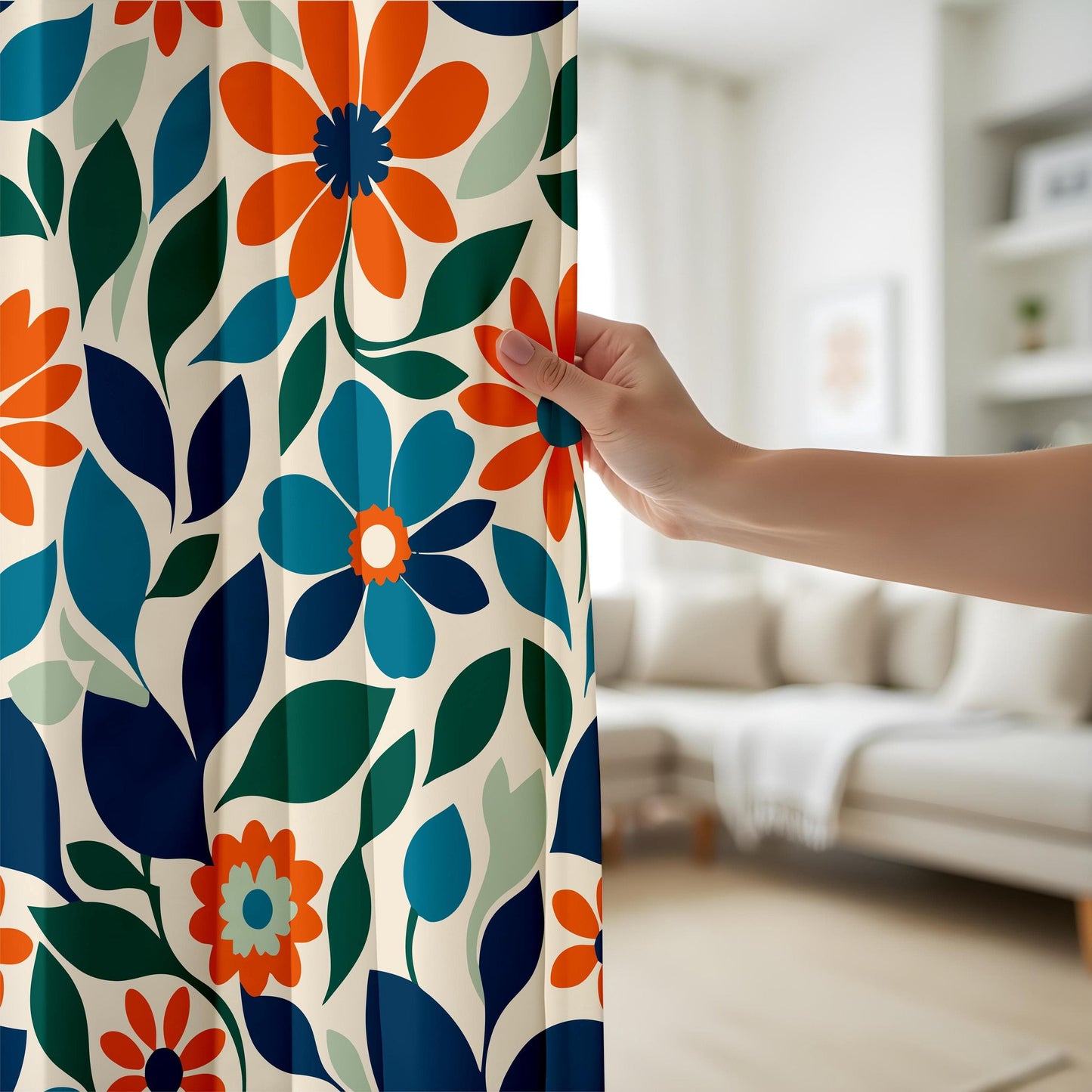 Onay Vibrant Blue and Orange Floral Curtains, Bold Botanical Drapes