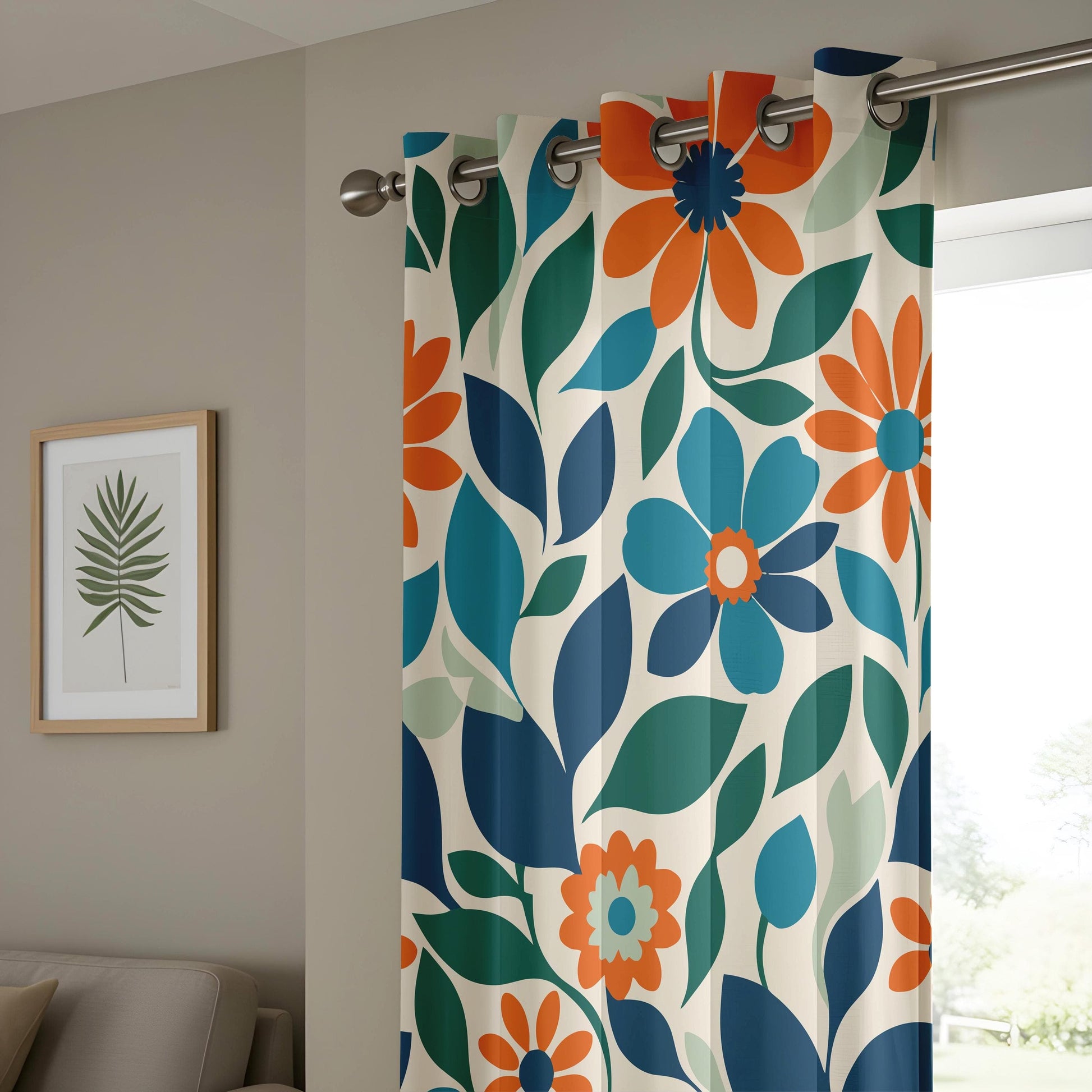 Onay Vibrant Blue and Orange Floral Curtains, Bold Botanical Drapes