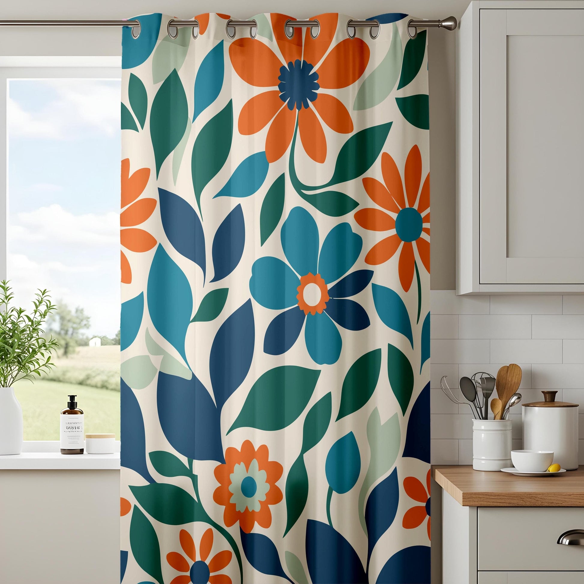 Onay Vibrant Blue and Orange Floral Curtains, Bold Botanical Drapes