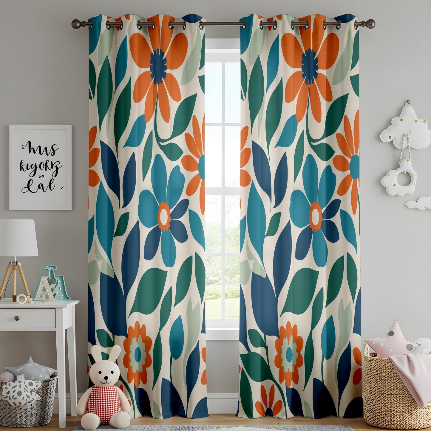 Onay Vibrant Blue and Orange Floral Curtains, Bold Botanical Drapes
