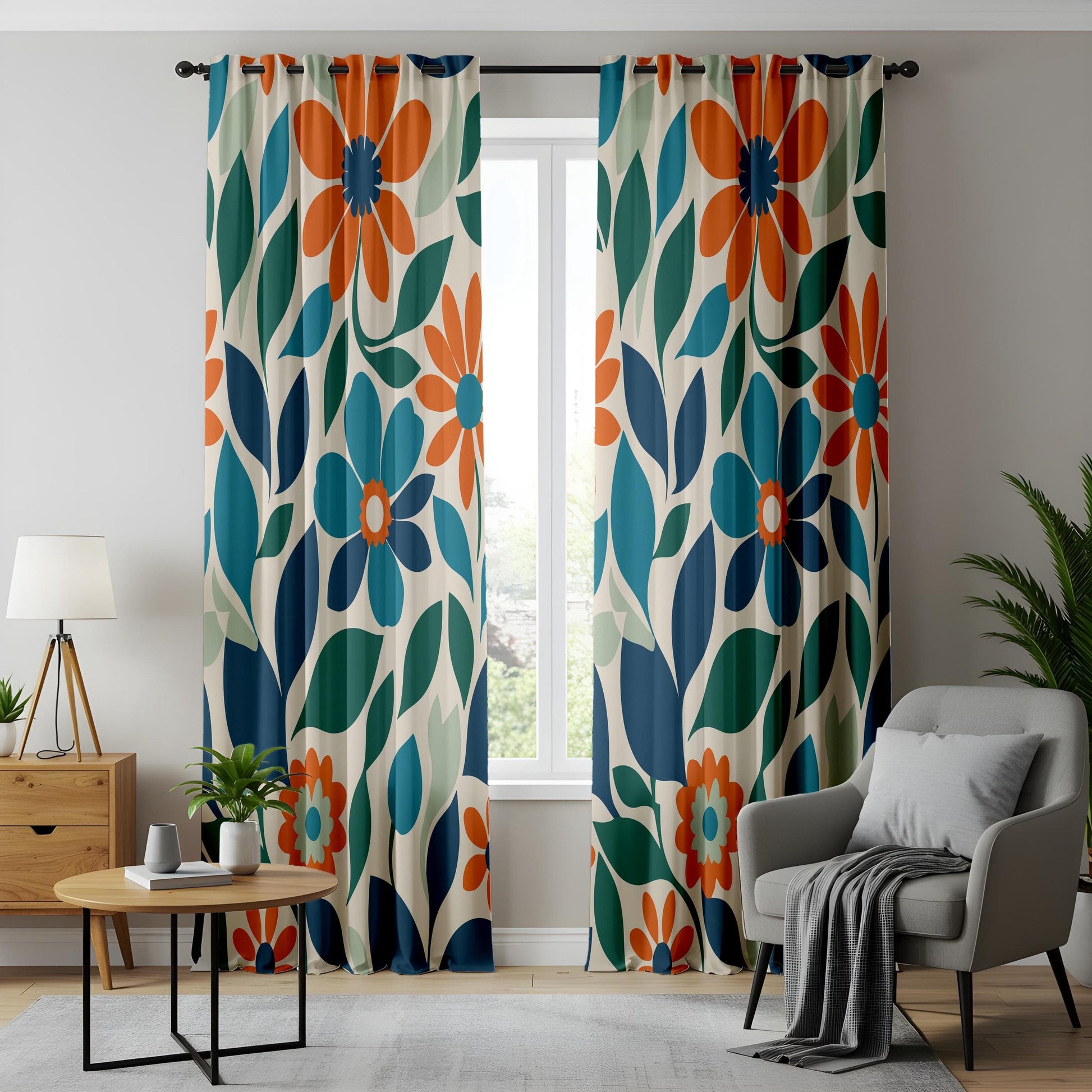 Onay Vibrant Blue and Orange Floral Curtains, Bold Botanical Drapes