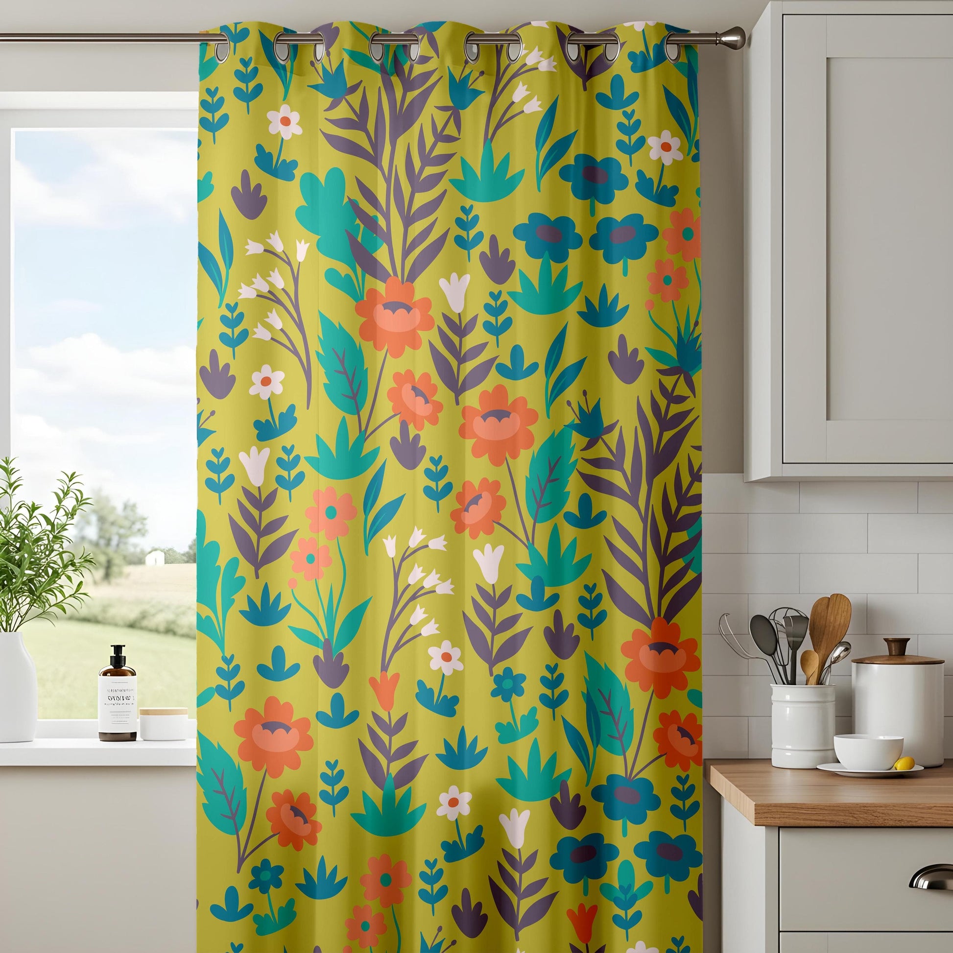 Onay Vibrant Floral Living Room Curtains, Folk Art Inspired Botanical Pattern