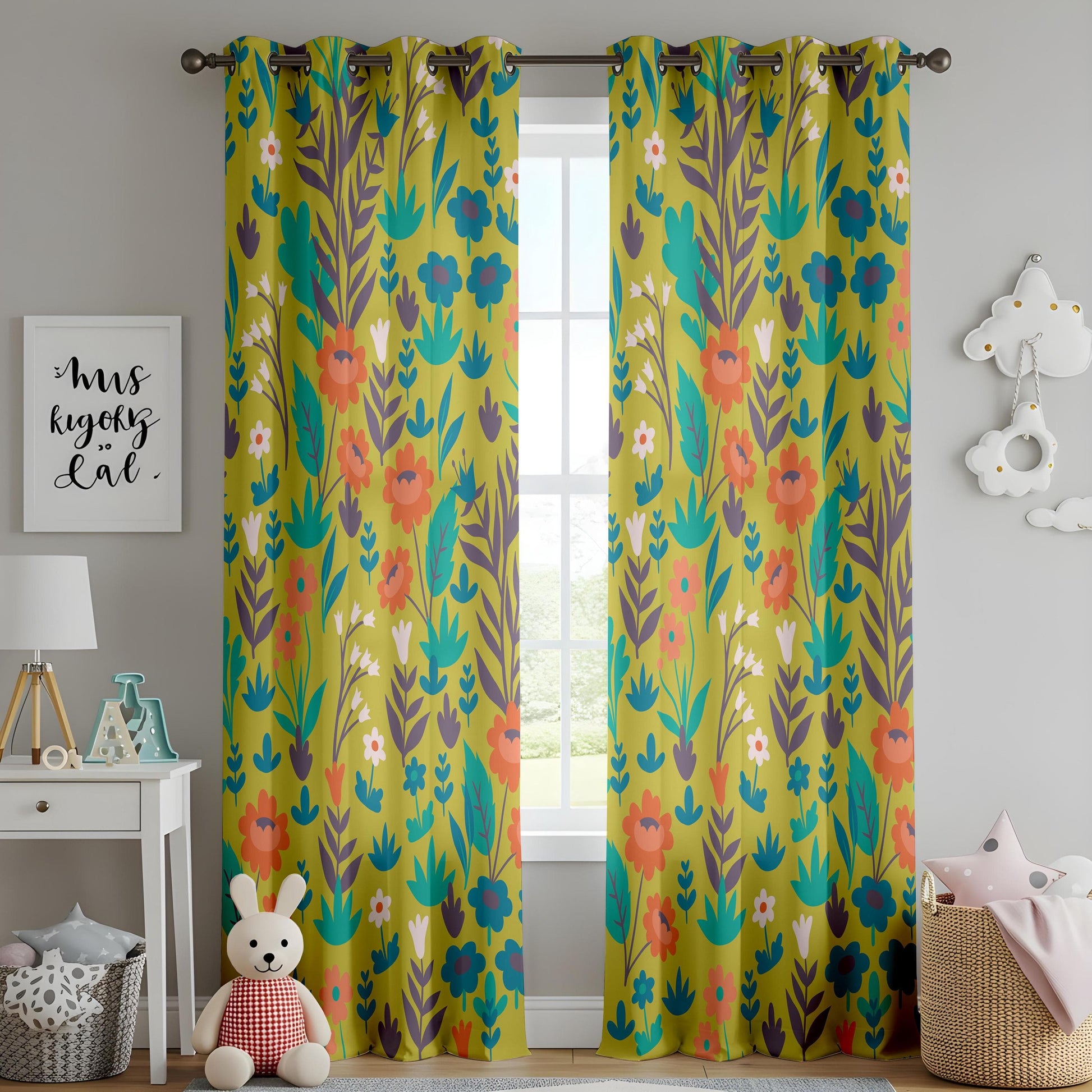 Onay Vibrant Floral Living Room Curtains, Folk Art Inspired Botanical Pattern
