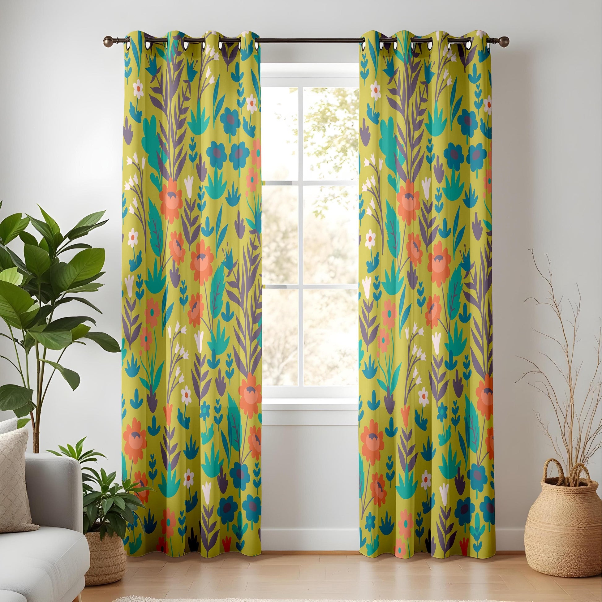 Onay Vibrant Floral Living Room Curtains, Folk Art Inspired Botanical Pattern