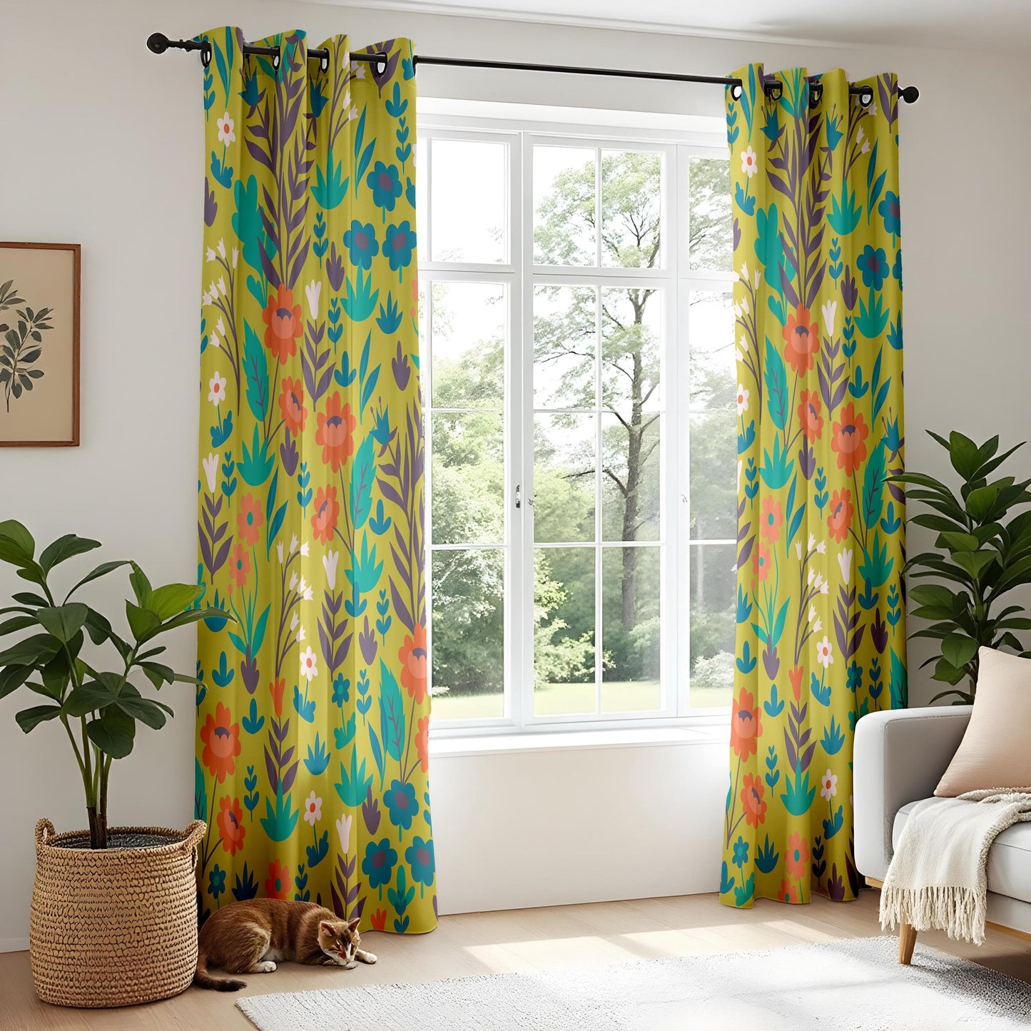 Onay Vibrant Floral Living Room Curtains, Folk Art Inspired Botanical Pattern
