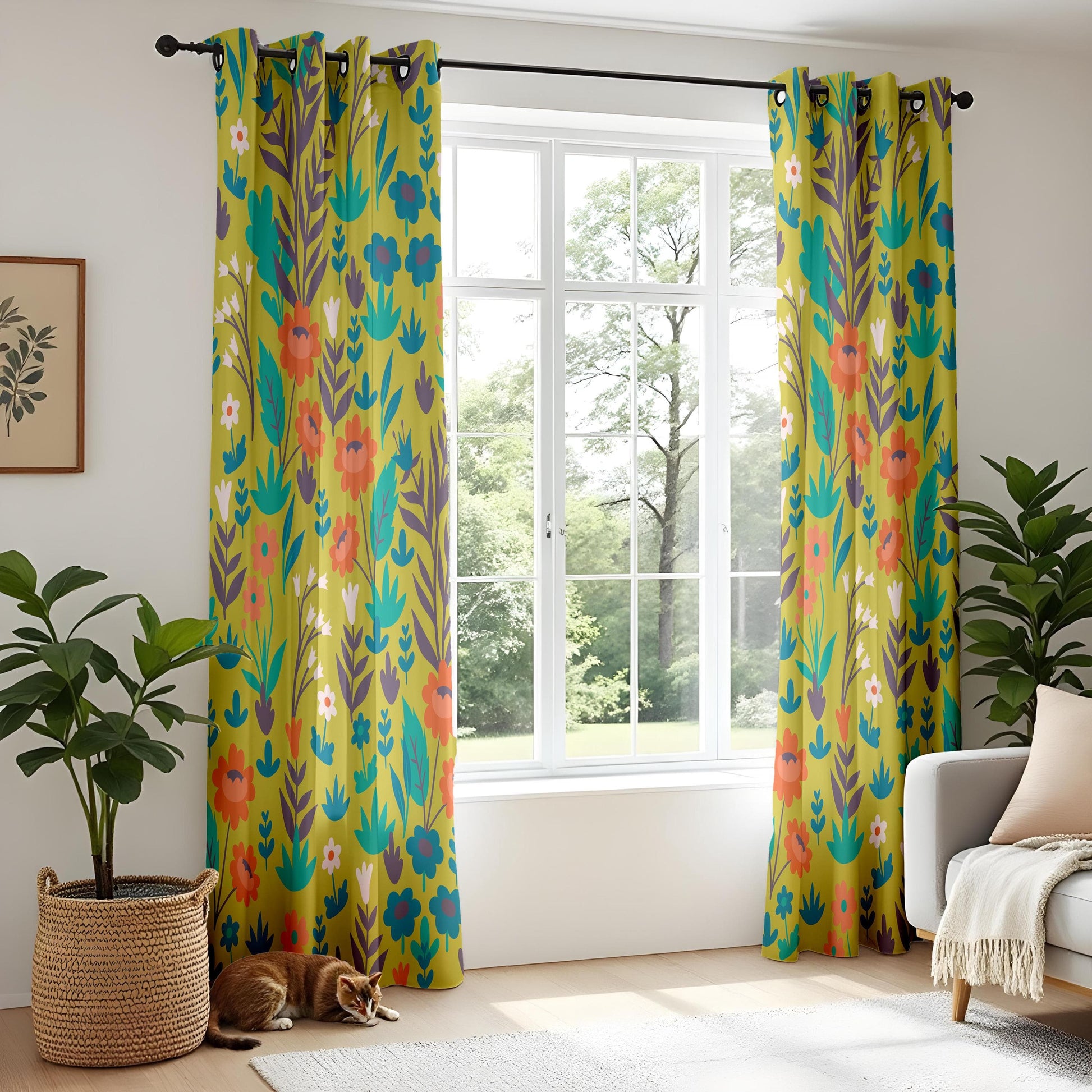 Onay Vibrant Floral Living Room Curtains, Folk Art Inspired Botanical Pattern