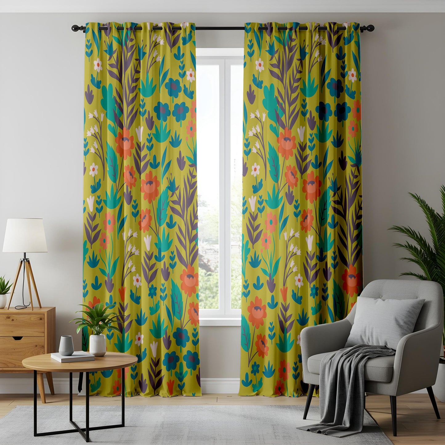 Onay Vibrant Floral Living Room Curtains, Folk Art Inspired Botanical Pattern