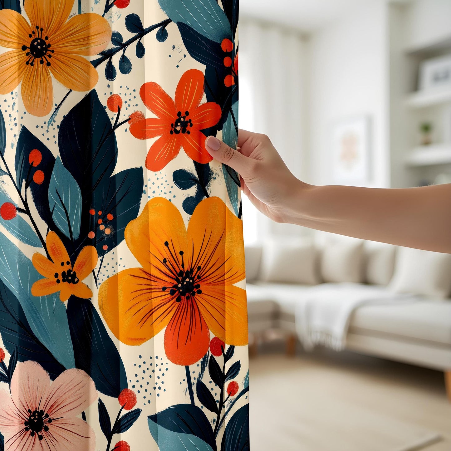 Onay Vibrant Floral Window Curtains, Orange & Blue Botanical Drapes, Tropical Flower Pattern