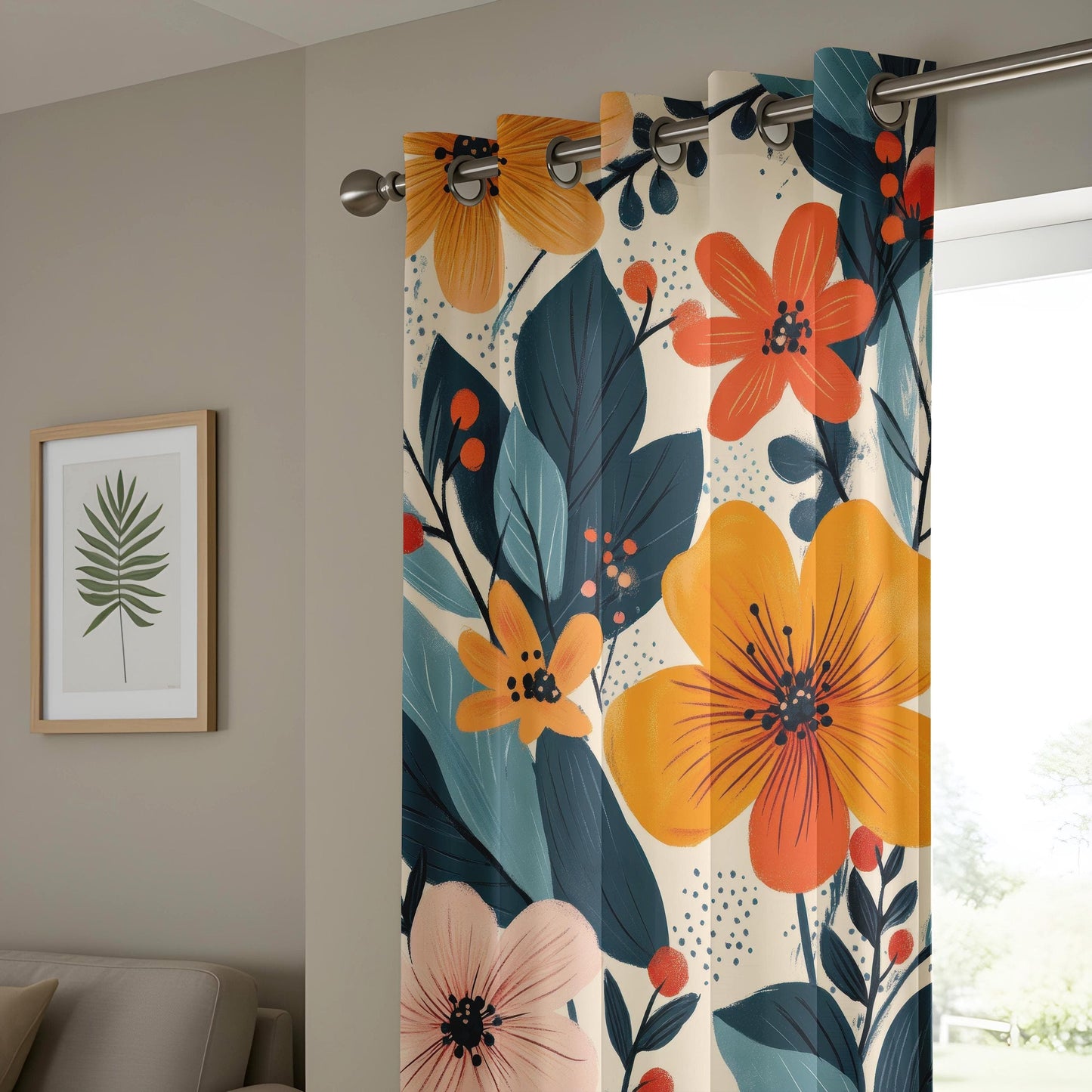 Onay Vibrant Floral Window Curtains, Orange & Blue Botanical Drapes, Tropical Flower Pattern