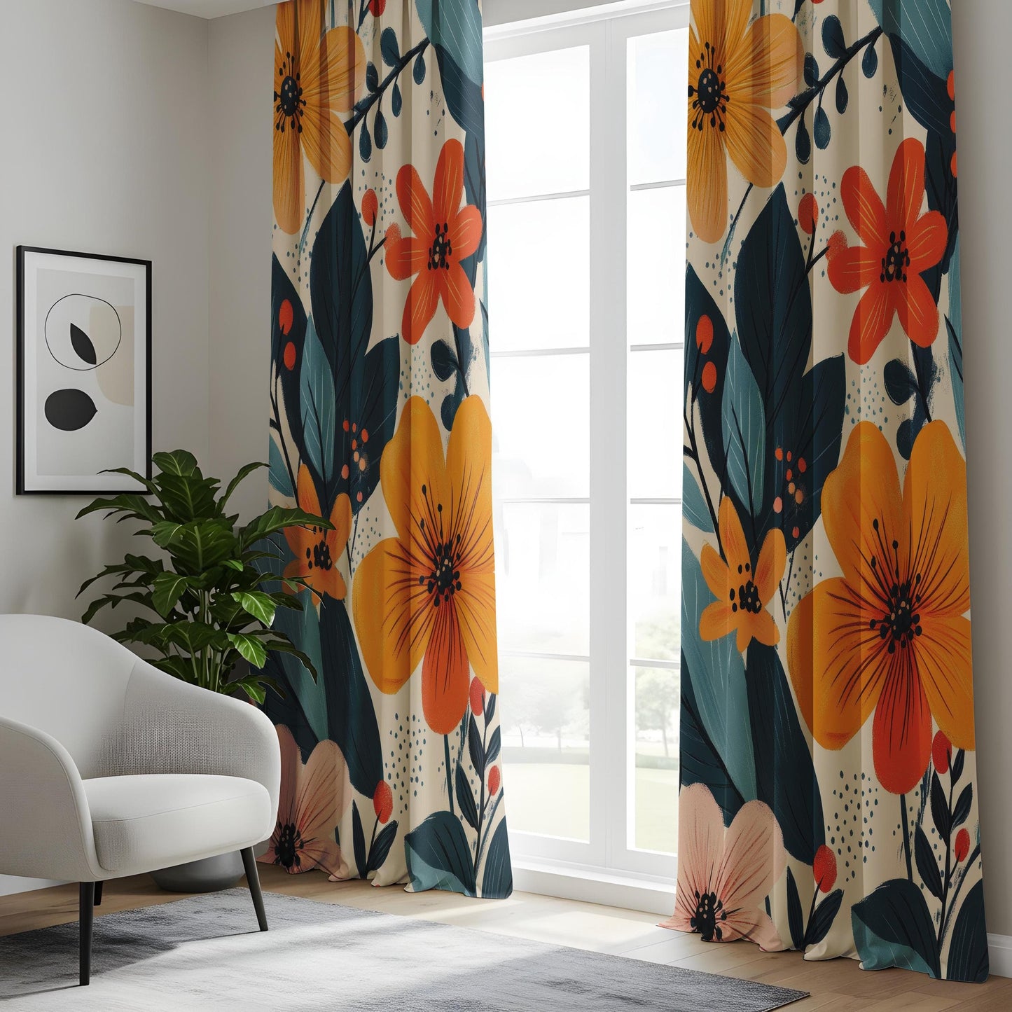 Onay Vibrant Floral Window Curtains, Orange & Blue Botanical Drapes, Tropical Flower Pattern