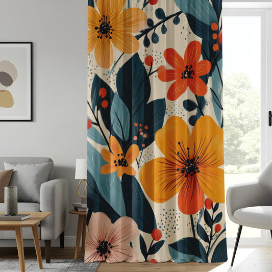Onay Vibrant Floral Window Curtains, Orange & Blue Botanical Drapes, Tropical Flower Pattern