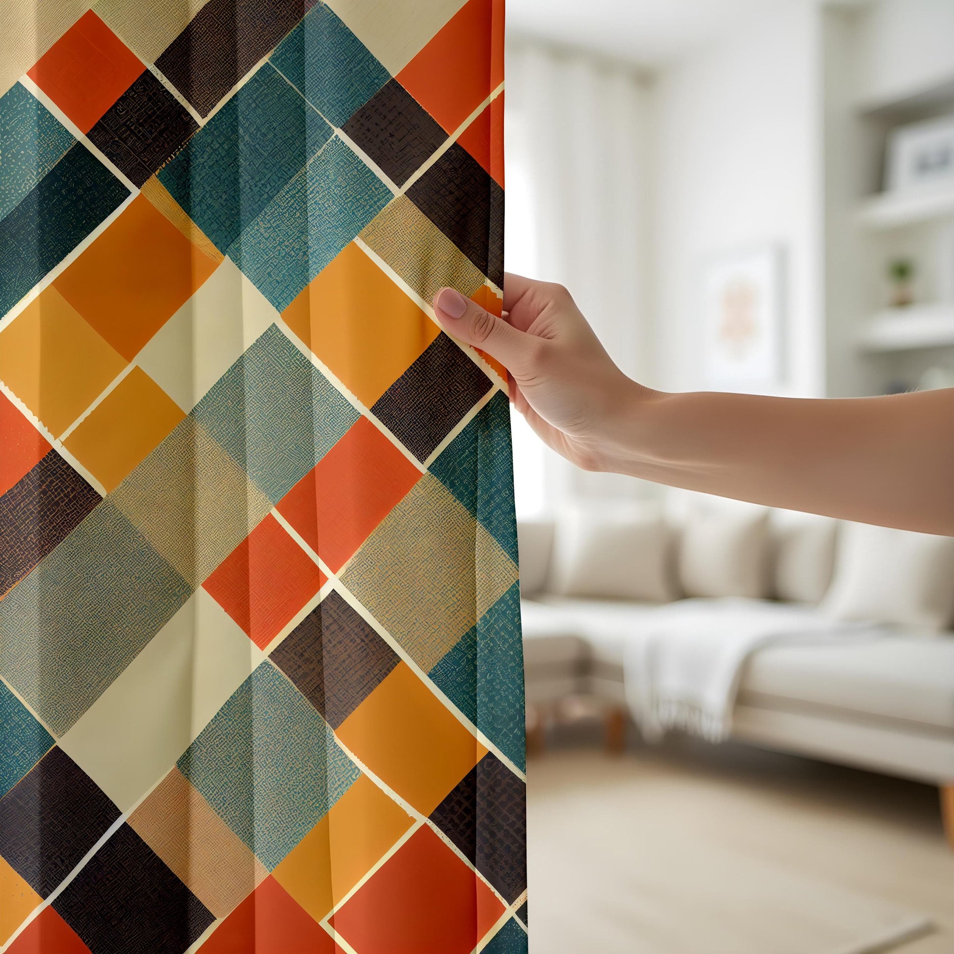 Onay Vibrant Geometric Curtains – Bold Diamond Pattern in Orange & Blue