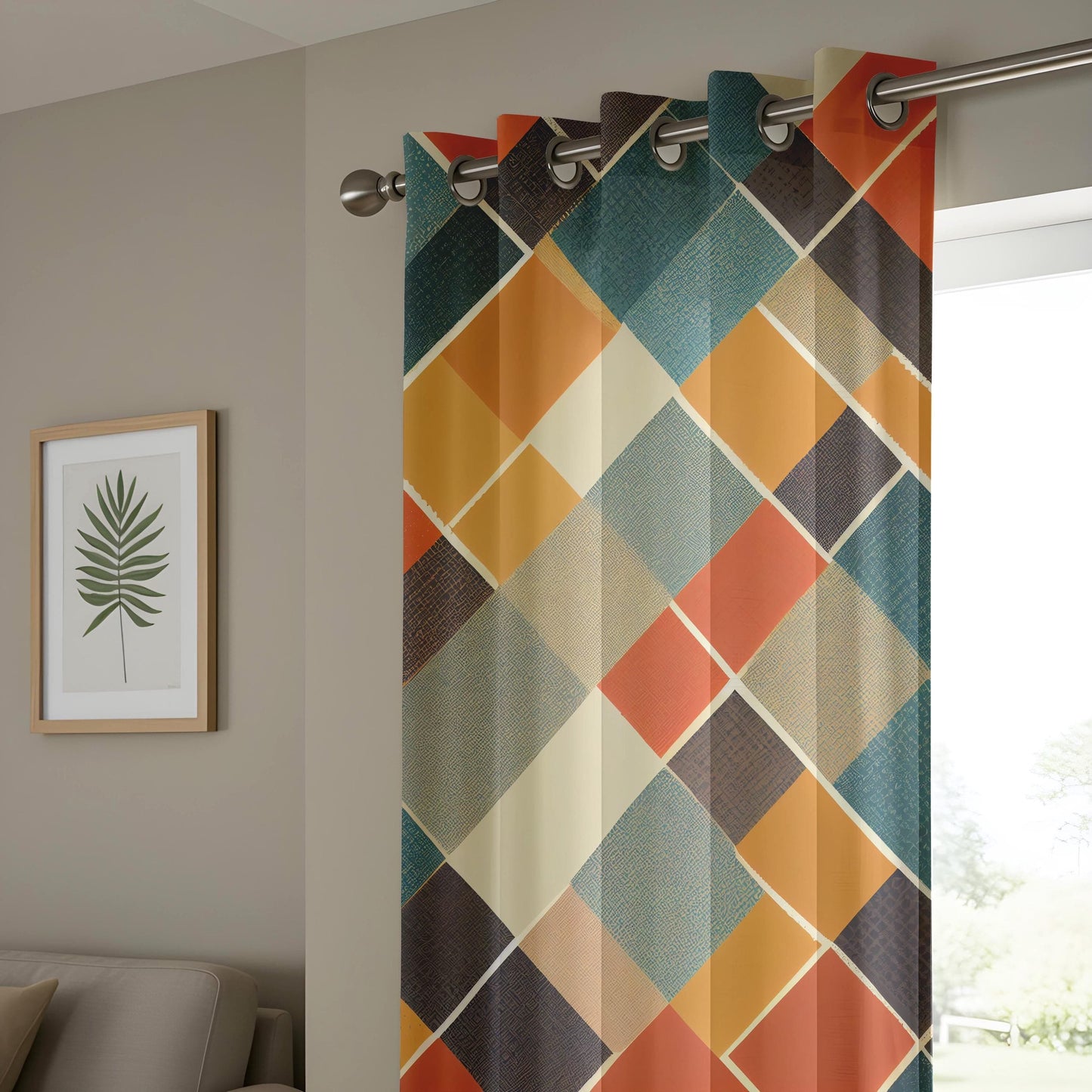 Onay Vibrant Geometric Curtains – Bold Diamond Pattern in Orange & Blue