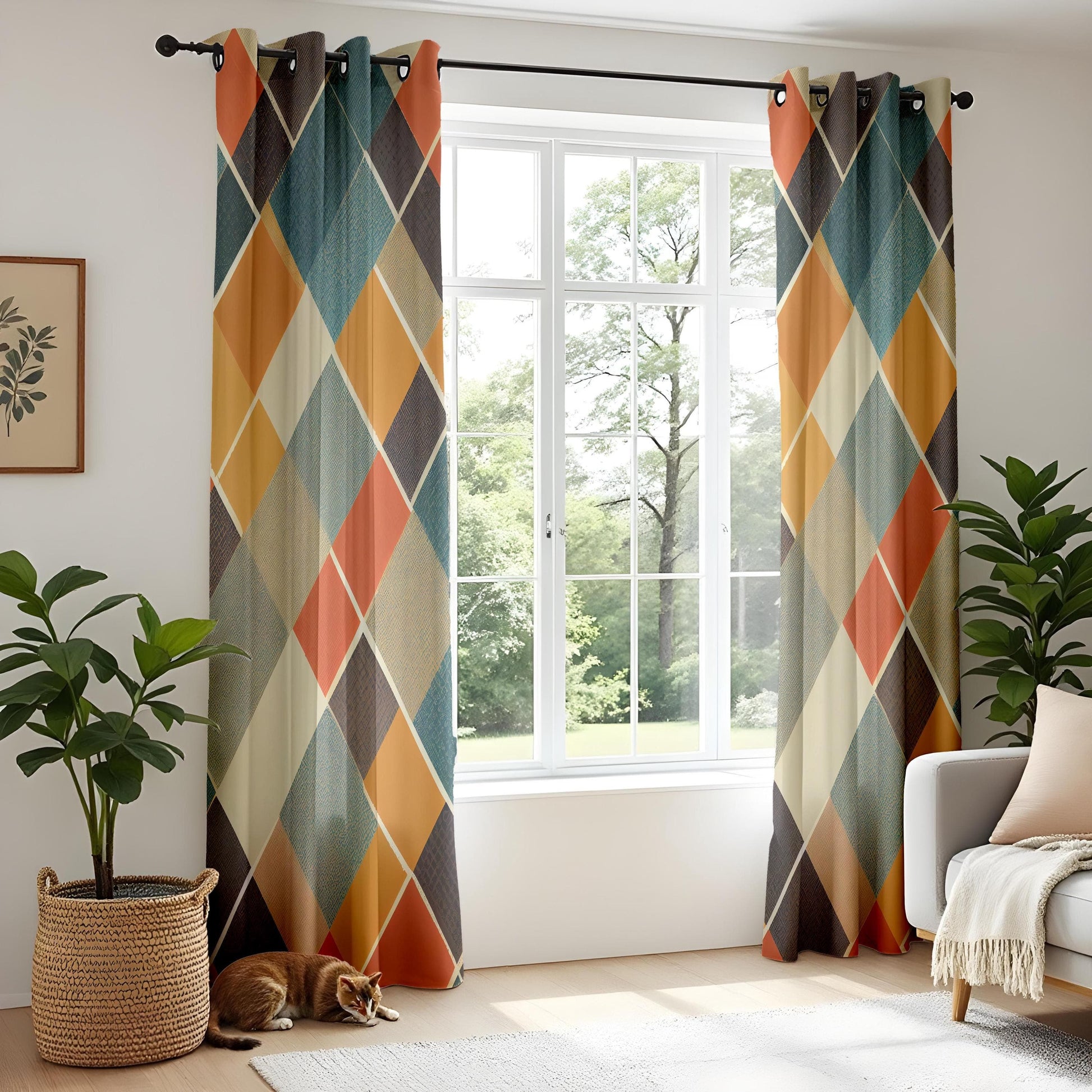 Onay Vibrant Geometric Curtains – Bold Diamond Pattern in Orange & Blue