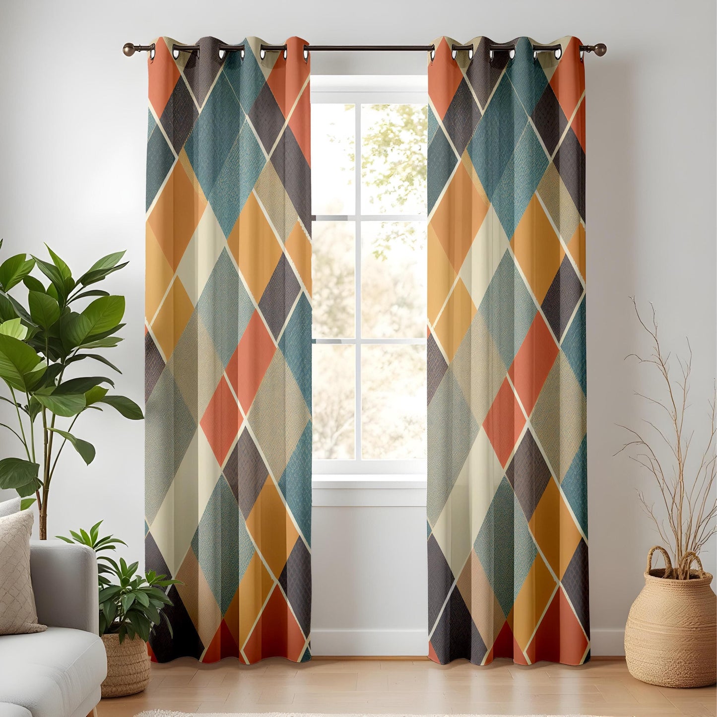 Onay Vibrant Geometric Curtains – Bold Diamond Pattern in Orange & Blue