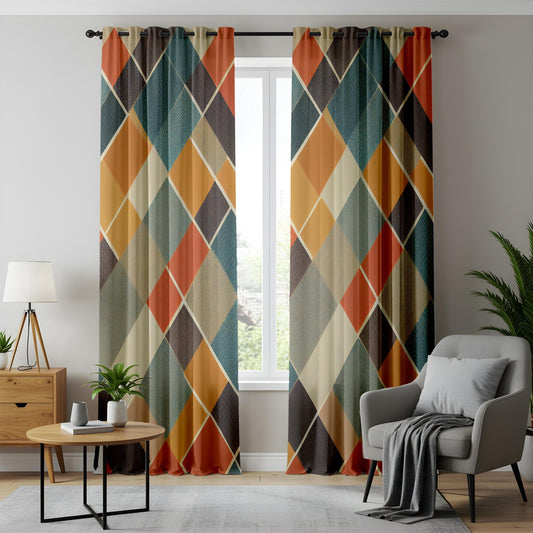 Onay Vibrant Geometric Curtains – Bold Diamond Pattern in Orange & Blue