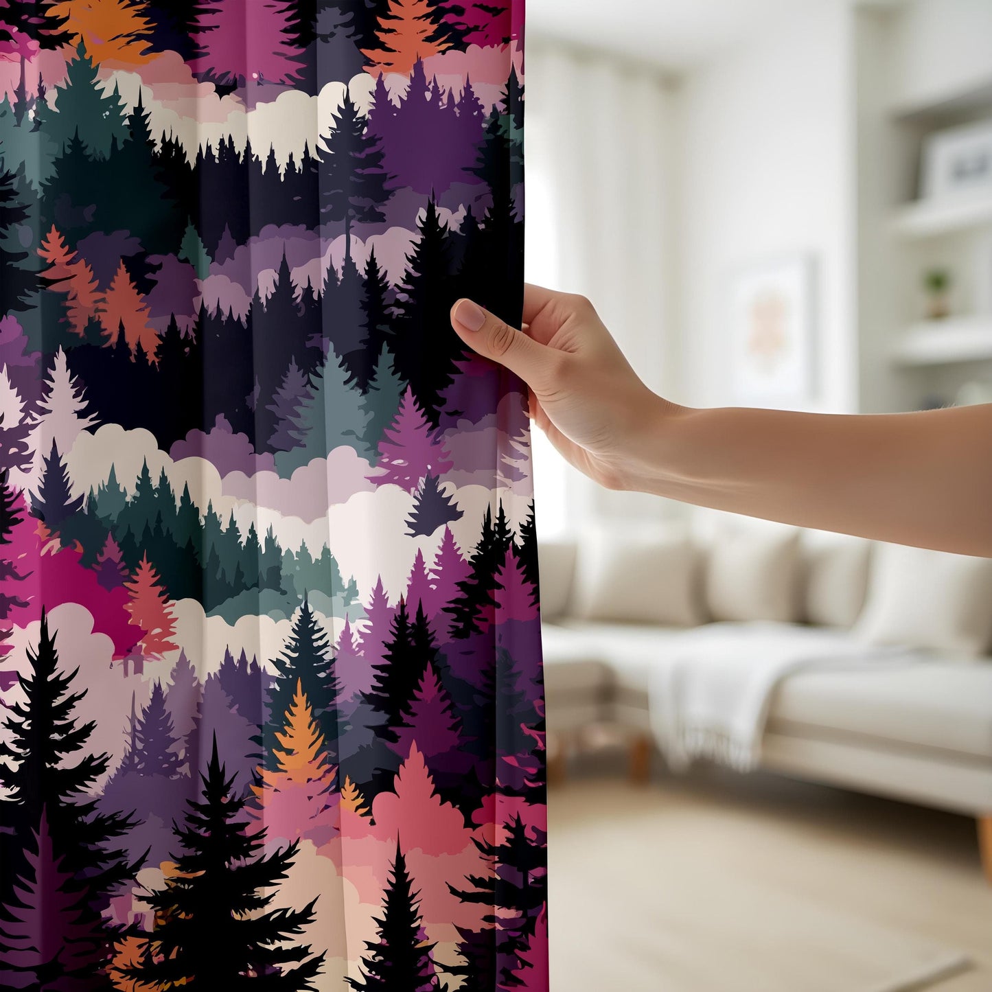 Onay Vibrant Tree Pattern Curtains – Purple and Pink Forest Drapes for Cozy Rustic Woodland Interiors
