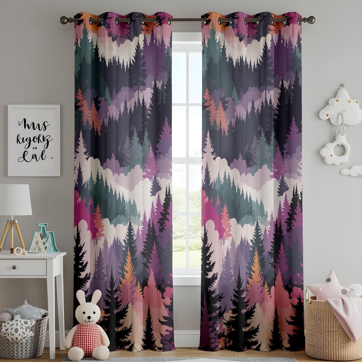 Onay Vibrant Tree Pattern Curtains – Purple and Pink Forest Drapes for Cozy Rustic Woodland Interiors