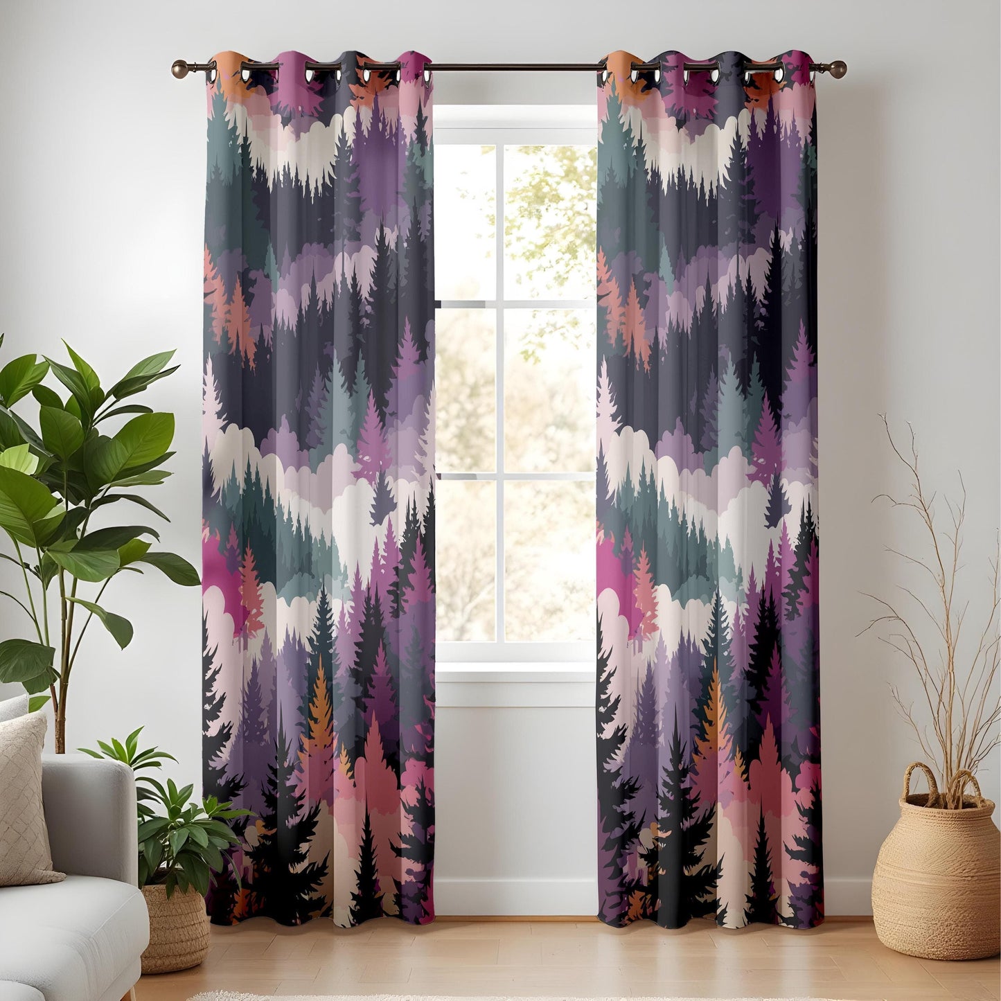 Onay Vibrant Tree Pattern Curtains – Purple and Pink Forest Drapes for Cozy Rustic Woodland Interiors