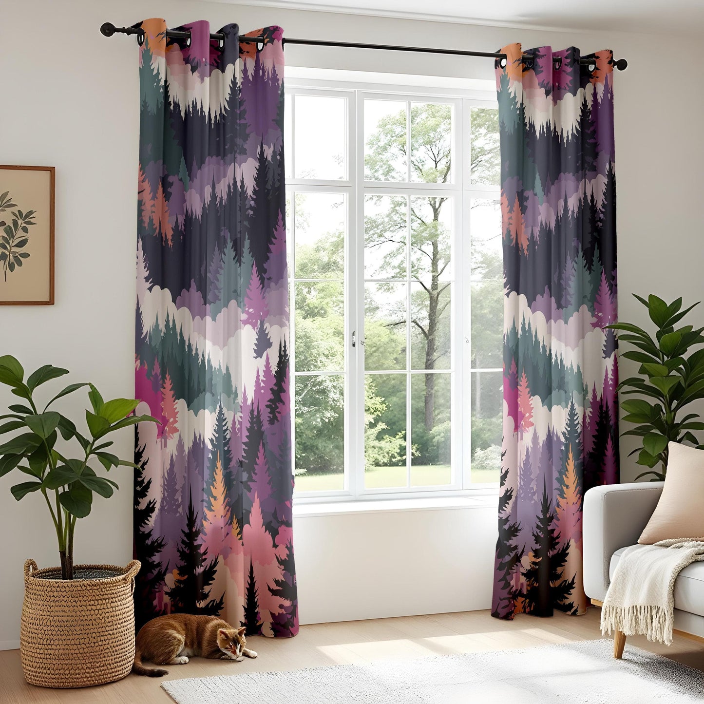 Onay Vibrant Tree Pattern Curtains – Purple and Pink Forest Drapes for Cozy Rustic Woodland Interiors