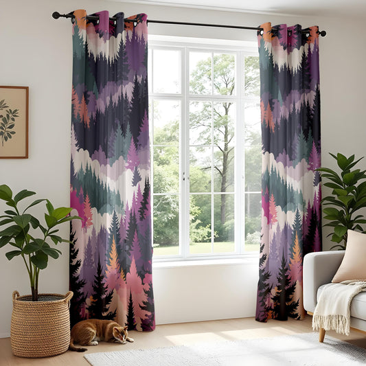 Onay Vibrant Tree Pattern Curtains – Purple and Pink Forest Drapes for Cozy Rustic Woodland Interiors
