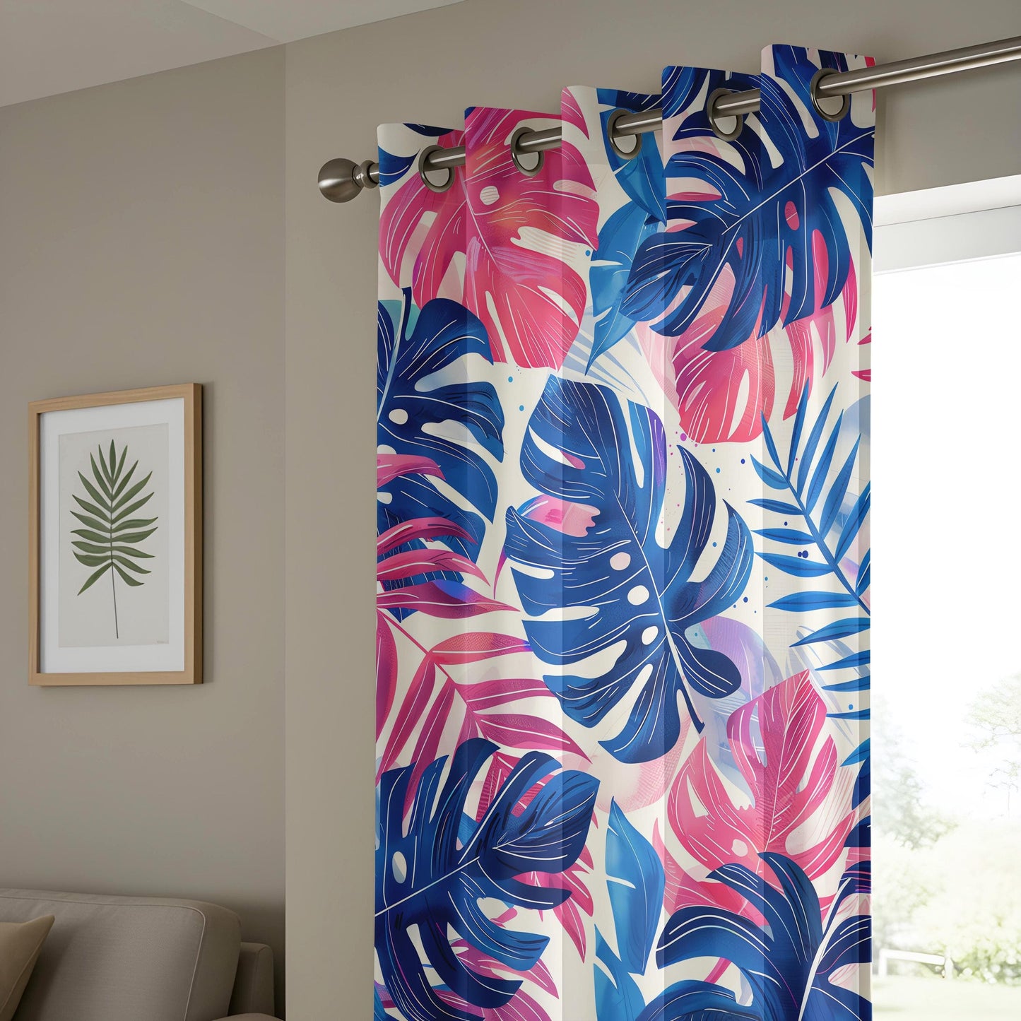 Onay Vibrant Tropical Leaf Print Curtains, Bold and Colorful Pink and Blue Monstera Pattern