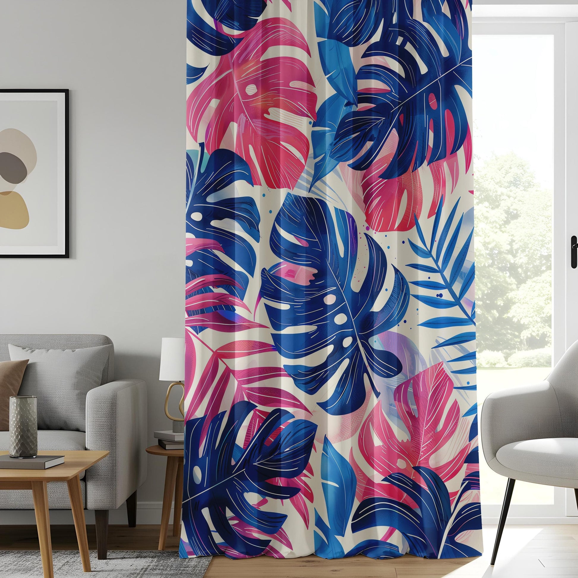 Onay Vibrant Tropical Leaf Print Curtains, Bold and Colorful Pink and Blue Monstera Pattern
