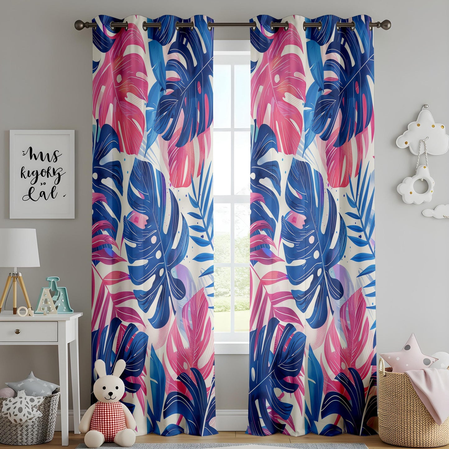 Onay Vibrant Tropical Leaf Print Curtains, Bold and Colorful Pink and Blue Monstera Pattern