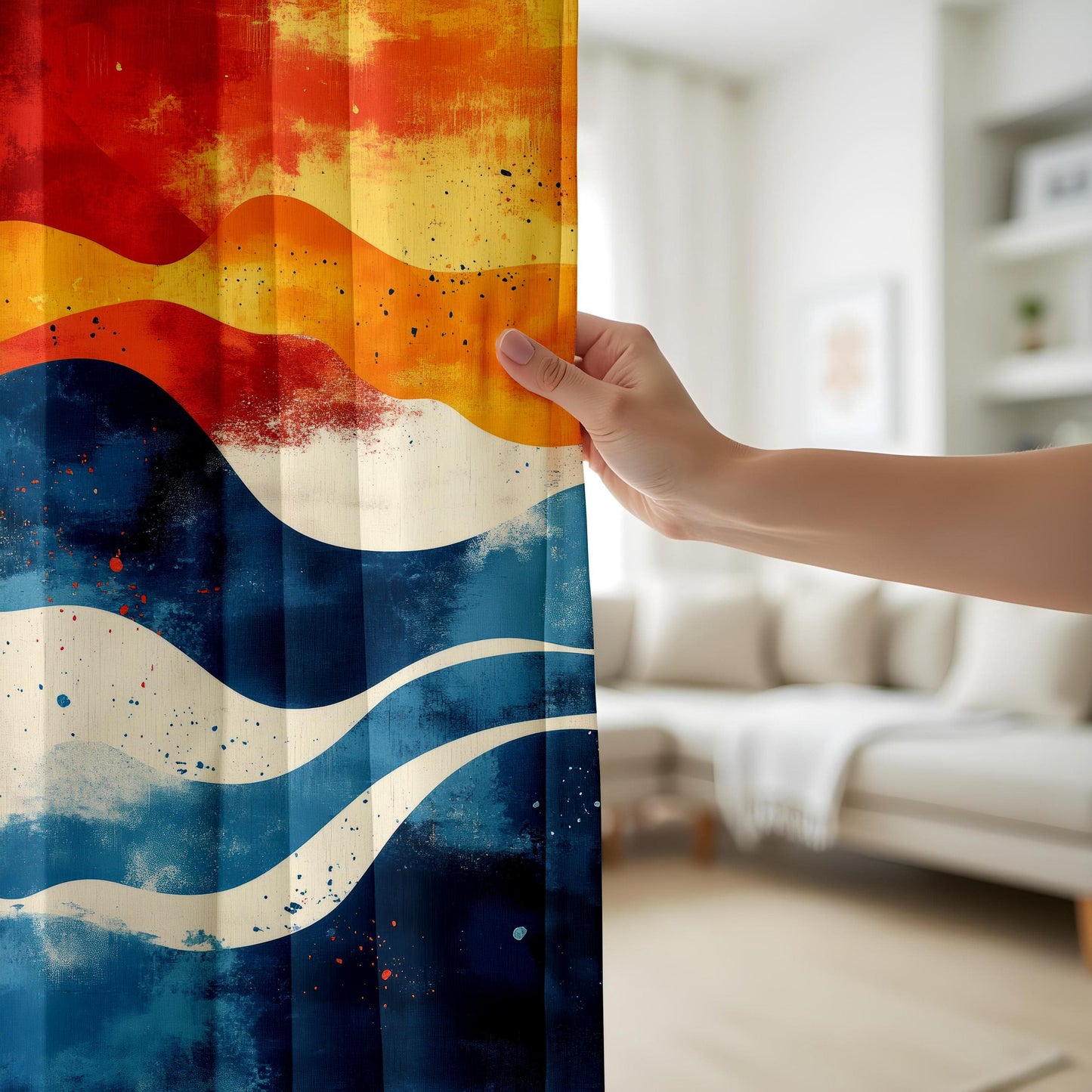 Onay Vibrant Wave Abstract Living Room Curtains, Sunset Ocean Home Decor